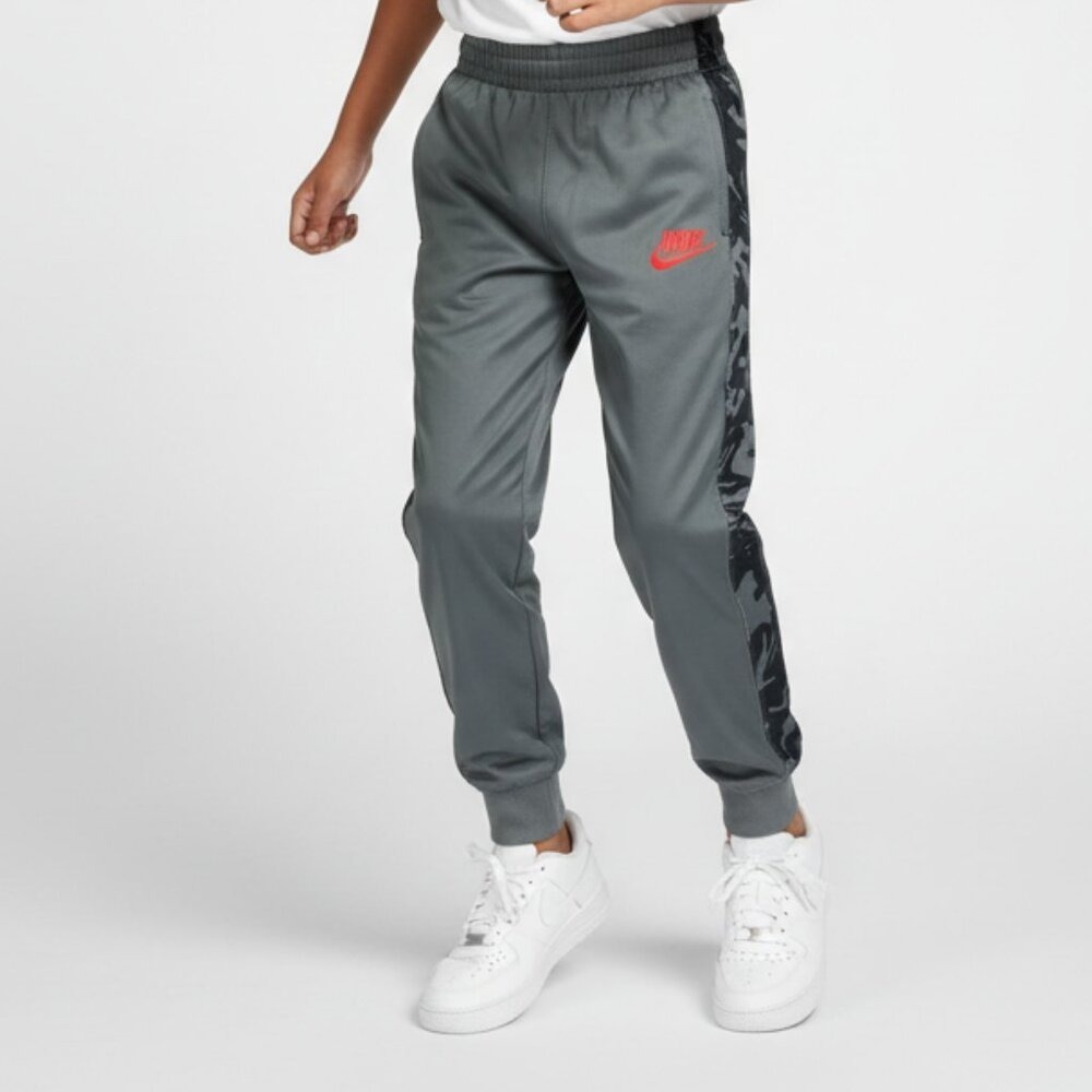 Nike Youth Jogger Pants Gray Black Camo Side Panels Red Logo Athletic